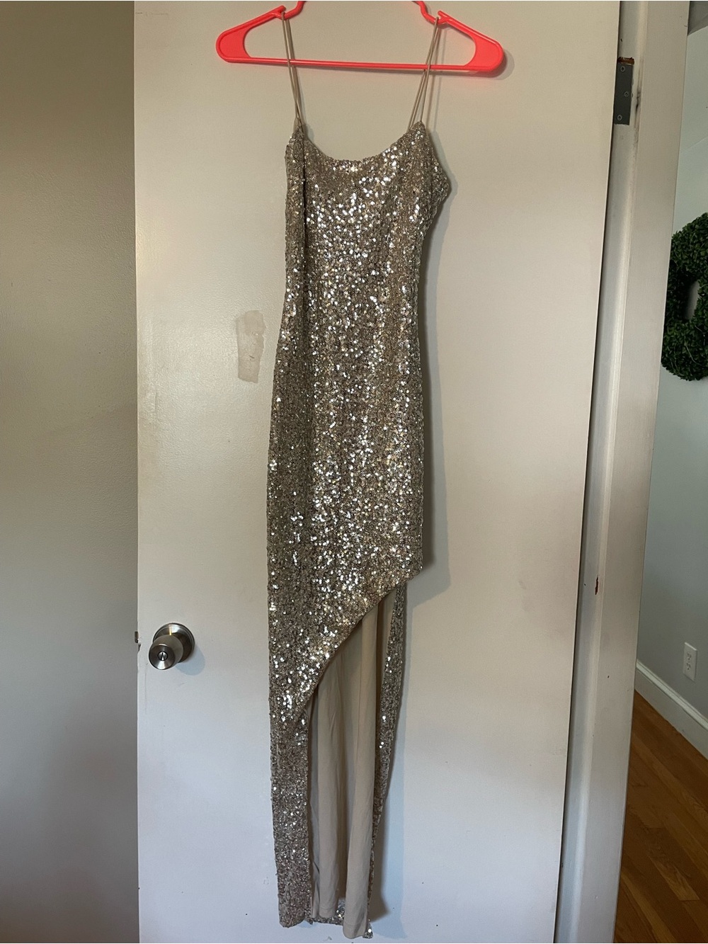 NWT Thirty Thirty LA Silver Sequin Asymmetrical Gown XS